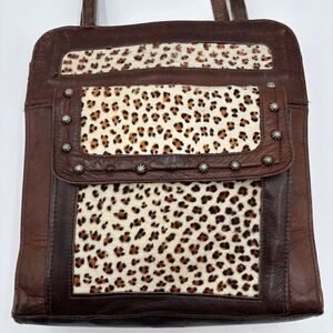Force Ten West Brown Leather Tote Leopard Haircalf Studded Western Bag